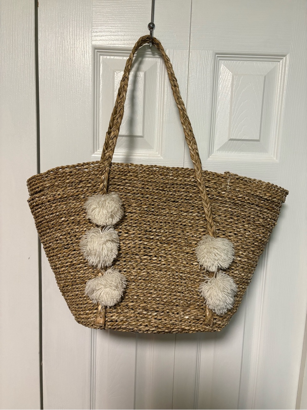 Woven Straw Tote Bag with Cream Pom-Poms